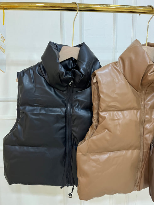 Leather Half Sleeves Puffer Jacket